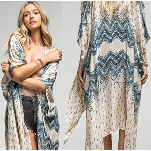 Blue Chevron Boho Kimono w/ Intricate Design Details & a Silk Like Material